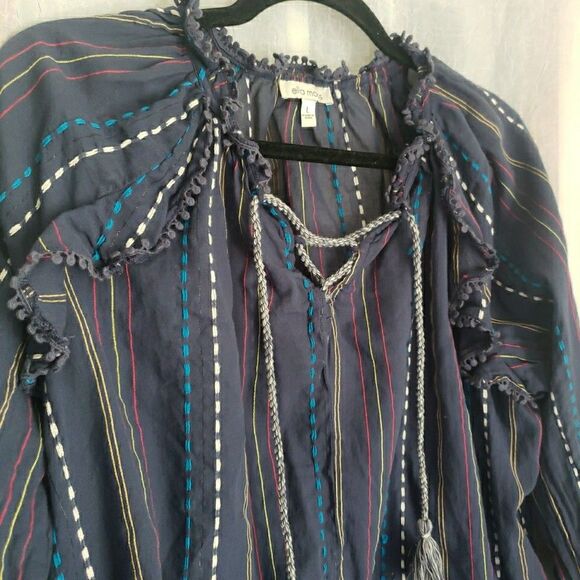 Ella Moss Blouse Womens L Blue Top Braided Tassels Fring Semi Sheer Boho Peasant - Picture 3 of 10